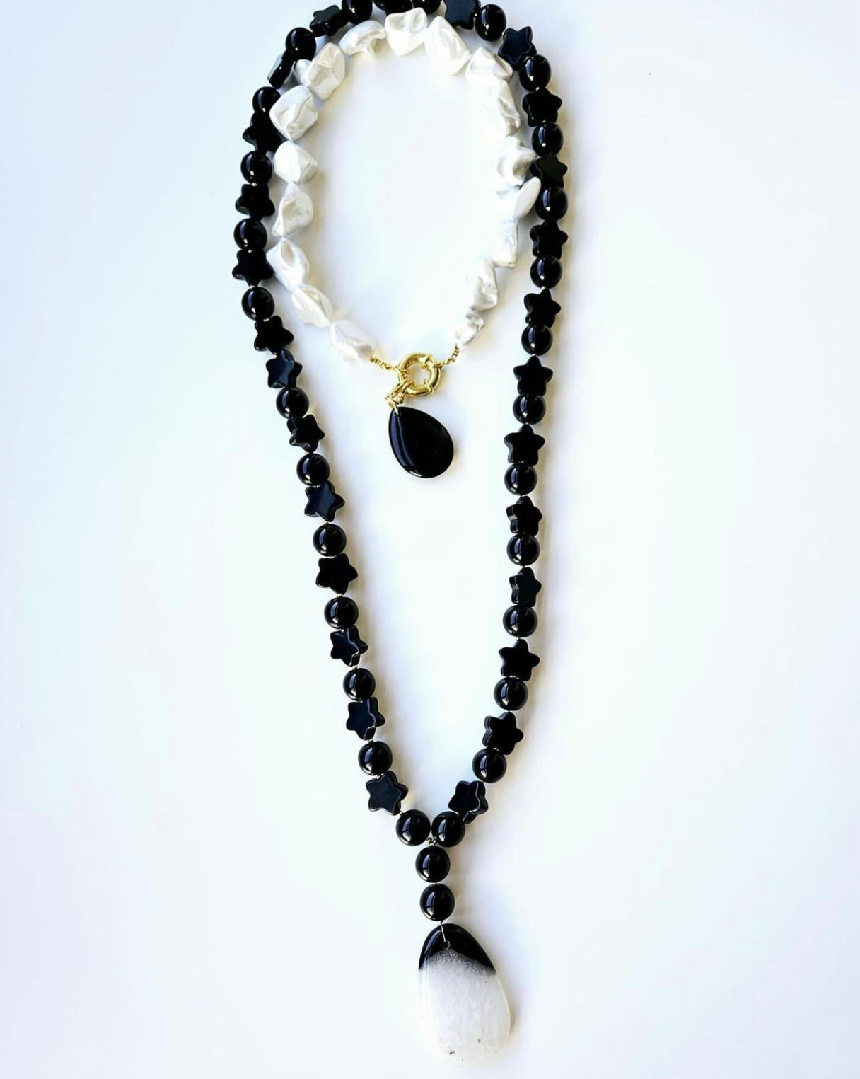 COLLAR DOBLE PIEDRA NATURAL Y PERLA